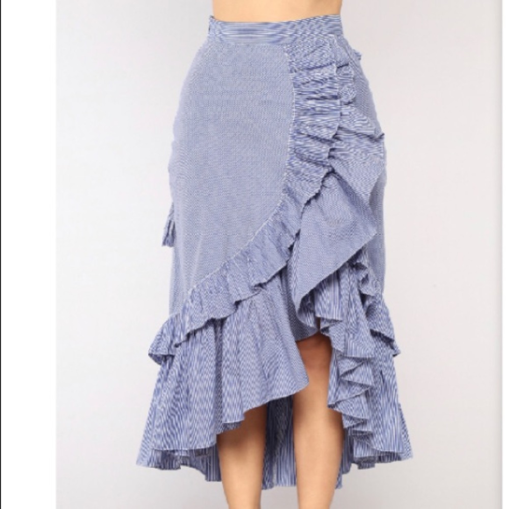 Blue and White striped High Low skirt w/ruffle